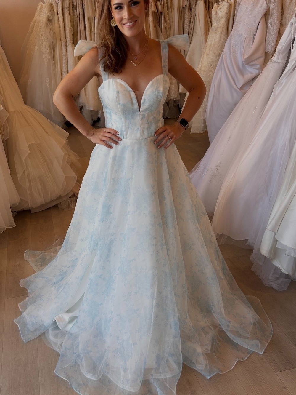 Romantic Blue A-Line Bridal Gown with Bow Shoulder Straps